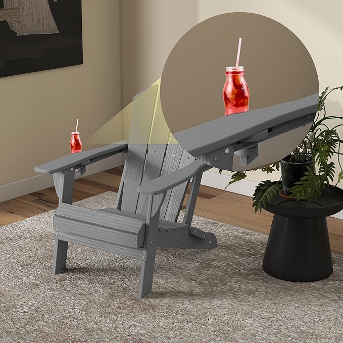 Foldable Adirondack Chair with Cup Holder-Heavy Duty Recycled HDPE Outdoor Patio Furniture, Weather Resistant Deck Lawn Fire Pit Chair (Gray, 1 Chair)