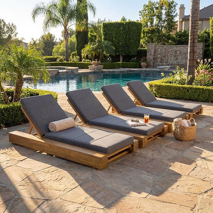 Christopher Knight Home Tory Acacia Wood Chaise Lounge Chair Outdoor Set of 4, Poolside Sun Lounger Recliner, Patio Outdoor Chaise Lounge with Cushions, Adjustable Backrest Lounge Sofa, Grey+Teak