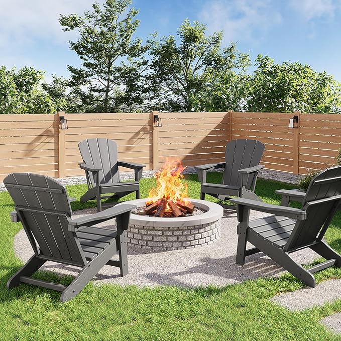 GarveeLife Modern HDPE Plastic Adirondack Chair Set of 4 - Oversize 380 LB Poly Lumber Weather Resistant Firepit Chair - Outdoor Patio Chairs with Wooden Textured for Deck, Pool, Porch - Grey