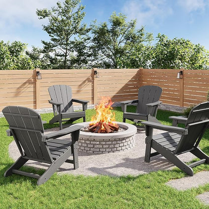 GarveeLife Modern HDPE Plastic Adirondack Chair Set of 4 - Oversize 380 LB Poly Lumber Weather Resistant Firepit Chair - Outdoor Patio Chairs with Wooden Textured for Deck, Pool, Porch - Grey