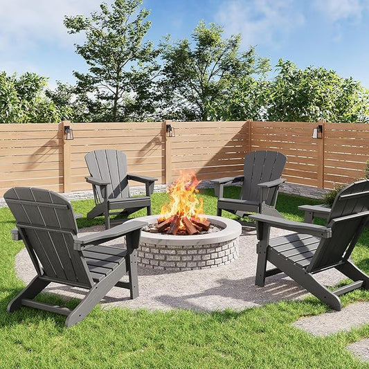 GarveeLife Modern HDPE Plastic Adirondack Chair Set of 4 - Oversize 380 LB Poly Lumber Weather Resistant Firepit Chair - Outdoor Patio Chairs with Wooden Textured for Deck, Pool, Porch - Grey