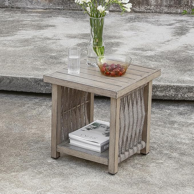Outdoor Side Table, Aluminum Square Patio Side Table, 2-Tier Rope Weave Outdoor End Table with Adjustable Legs - Photo 9