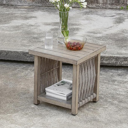 Outdoor Side Table, Aluminum Square Patio Side Table, 2-Tier Rope Weave Outdoor End Table with Adjustable Legs, Never-Rust Outside Furniture Patio Table for Garden, Pool, Beach, Deck, Gray Oak