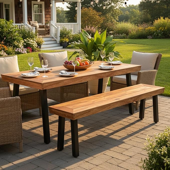 Tangkula Outdoor Acacia Wood Bench, Patio Dining Picnic Bench with Steel Legs for Porch Garden Poolside Living Room Balcony, Ideal for Indoor & Outdoor Use (1, Teak)