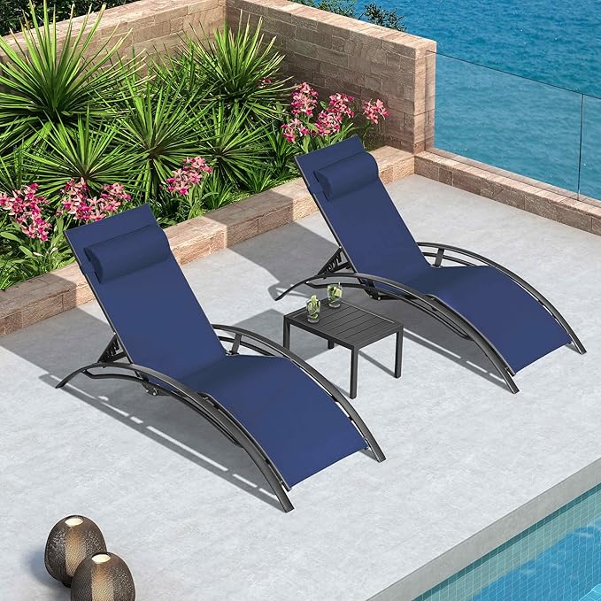 PURPLE LEAF Patio Chaise Lounge Chair Set with 2 Side Table Outdoor Pool Adjustable Recliner Chairs for Outside Beach Poolside Sunbathing Tanning Lounger