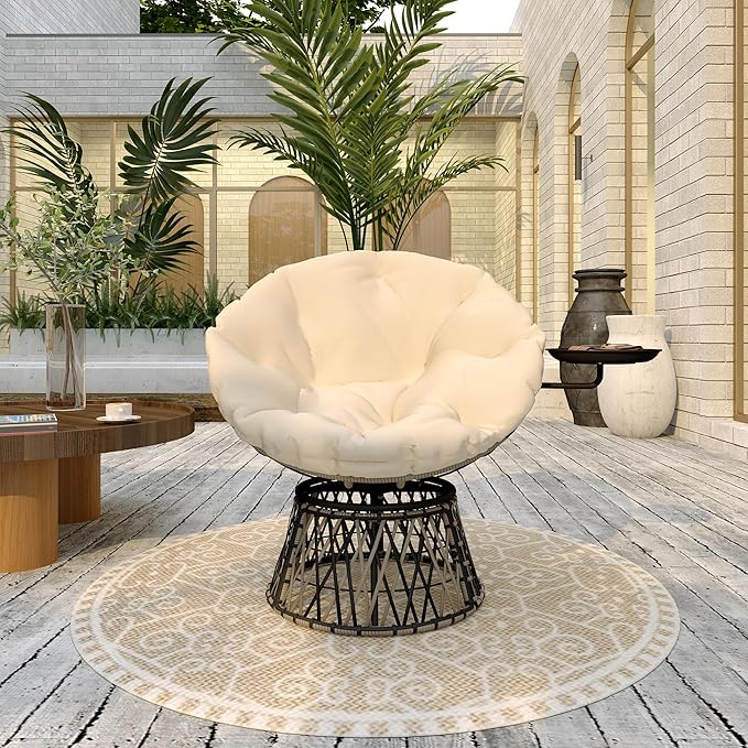 Outsunny 39" Outdoor Papasan Chair with Side Tray, 360° Swivel Overstuffed Circle Chair with Thickened Cushion, Wicker Lounger with Steel Frame for Indoor, Patio, Beige