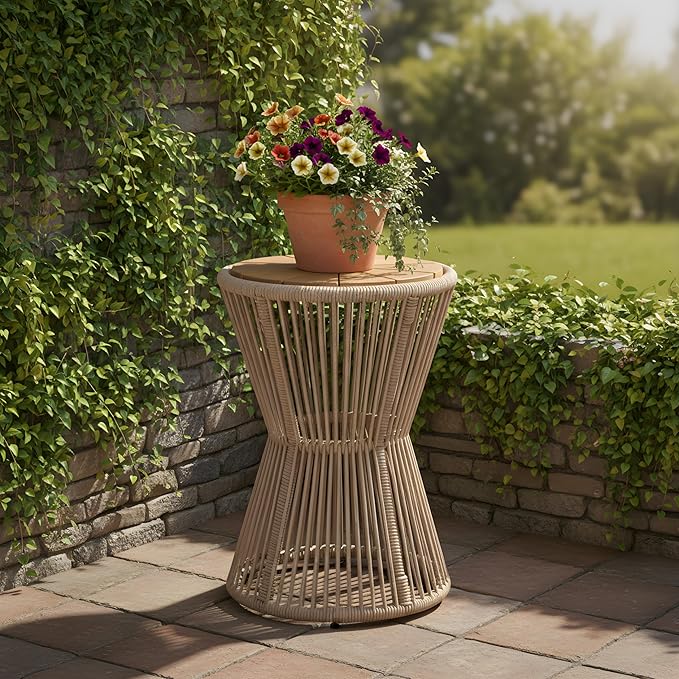 Merax Bohemian Round Outdoor Side Table with Acacia Wood Top and Beige Handwoven Rope Base, Elegant Hourglass Design Patio Coffee Table for Garden, Pool, Deck, Balcony, Yard, 25.8" Height, No Assembly