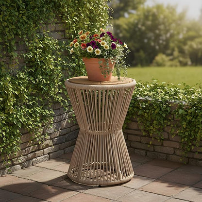 Merax Bohemian Round Outdoor Side Table with Acacia Wood Top and Beige Handwoven Rope Base, Elegant Hourglass Design Patio Coffee Table for Garden, Pool, Deck, Balcony, Yard, 25.8" Height, No Assembly
