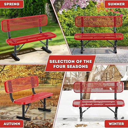 Heavy-Duty Park Bench for Outside - Black Coated Outdoor Furniture Steel Bench, Commercial-Grade Outdoor Benches Weatherproof for Park, Patio, Porch (Portable with Back, 4/6/8 Ft) (Red, 4FT)