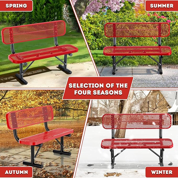 Thermoplastic Coated Iron Park Bench for Outside, Heavy Duty Metal Garden Bench, Expanded Commercial Grade Seating for Shopping Malls, Lawn Yard Porch Entryway (Red with Backrest, 48IN)