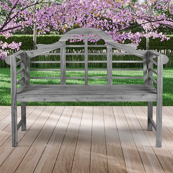 Eyely HNB103B Lucy 51.2" 3-Seat Arched 600-Lbs Support Acacia Wood Outdoor Garden Patio Bench for Garden, Lawn, Backyard, Pool, Deck, Beach, Firepit, Gray