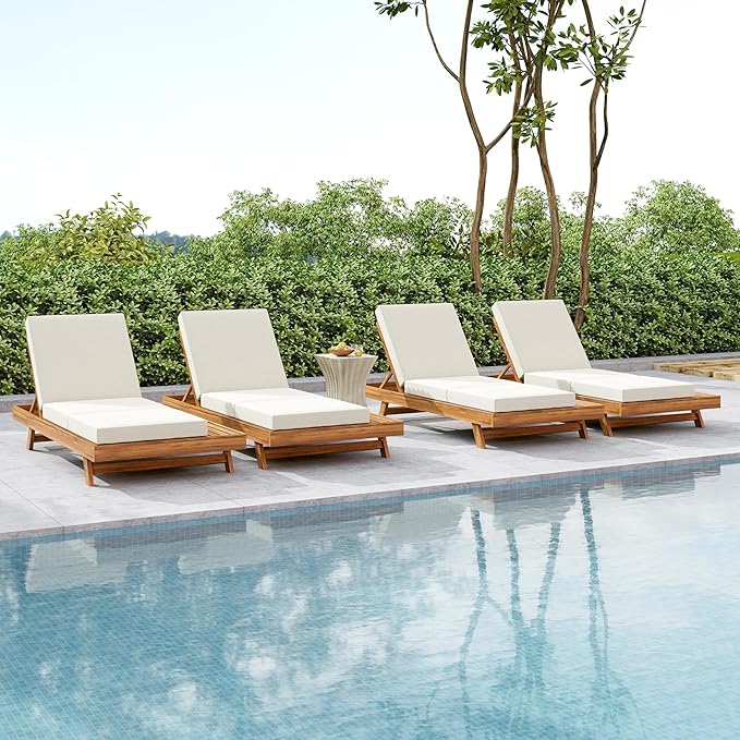 2-Piece Patio Lounge Chair Set with Side Space, Outdoor Chaise Lounge Adjustable & Breathable Acacia Wood Frame - Photo 8