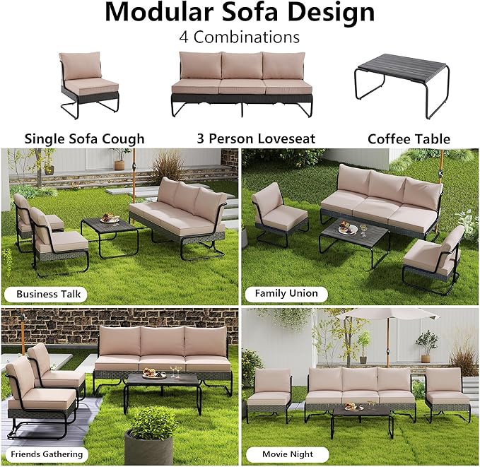 4 Piece Patio Furniture Set, Modern Patio Conversation Set for 5, All Weather Bistro Furniture Set, Metal Patio Sofas Outdoor Sectional with Coffee Table and Cushions for Lawn/Garden, Khaki