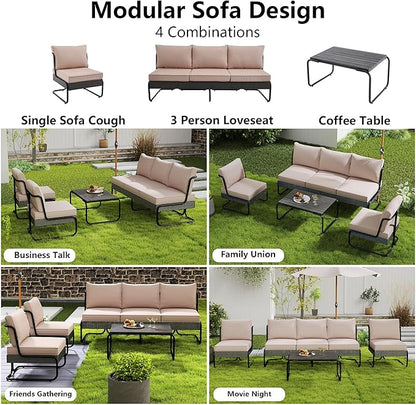 4 Piece Patio Furniture Set, Modern Patio Conversation Set for 5, All Weather Bistro Furniture Set, Metal Patio Sofas Outdoor Sectional with Coffee Table and Cushions for Lawn/Garden, Khaki
