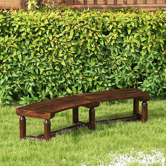 Moccha Outdoor Curved Bench, Carbonized Wood Fire Pit Bench with Slatted Seat, Loveseat, Rustic Wood Outside Chair, Patio Backless 2-Person Seating for Yard Deck Porch, 710 LBS Max Load