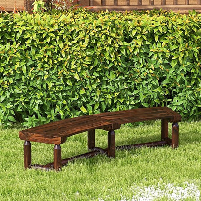Moccha Outdoor Curved Bench, Carbonized Wood Fire Pit Bench with Slatted Seat, Loveseat, Rustic Wood Outside Chair, Patio Backless 2-Person Seating for Yard Deck Porch, 710 LBS Max Load
