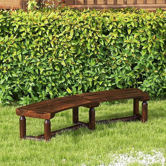Moccha Outdoor Curved Bench, Carbonized Wood Fire Pit Bench with Slatted Seat, Loveseat, Rustic Wood Outside Chair, Patio Backless 2-Person Seating for Yard Deck Porch, 710 LBS Max Load