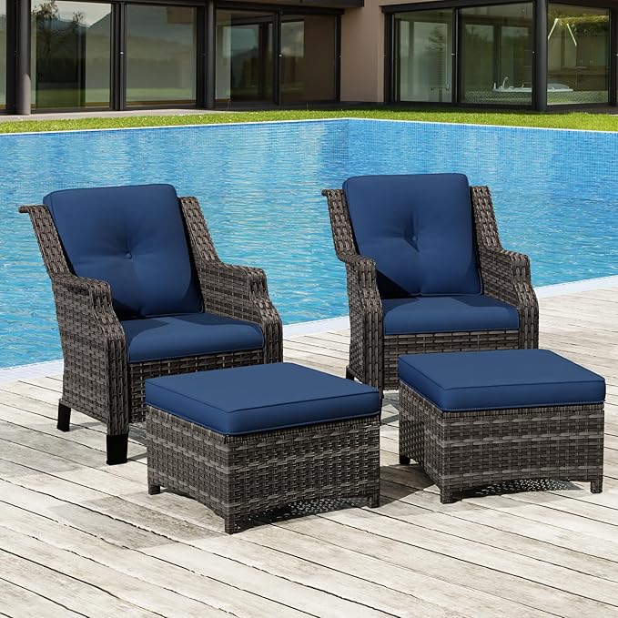Wicker Patio Furniture Set - 4 Piece Rattan Outdoor Conversation Sets with 2 Wicker Patio Chairs,2 Ottomans for Garden, Backyard, Balcony and Deck