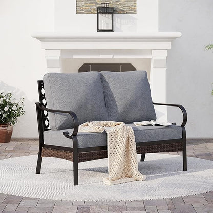 Metal Patio Furniture Loveseat with 5.75" Extra Thick Waterproof Cushion, 2-Seater Deep Seating & High-Back Black Outdoor Couch All Weather Outdoor Seating for Gazebo Porch, Gray