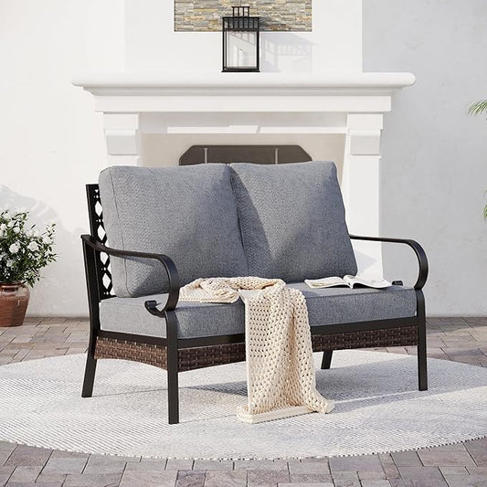 Metal Patio Furniture Loveseat with 5.75" Extra Thick Waterproof Cushion, 2-Seater Deep Seating & High-Back Black Outdoor Couch All Weather Outdoor Seating for Gazebo Porch, Gray