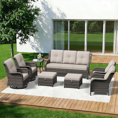 8 Piece Outdoor Wicker Patio Furniture Set, Patio Chairs Set with Thickened Olefin Cushions, High Back and Deep Seating, Hand-Woven PE Rattan, Ottoman for Porch, Deck