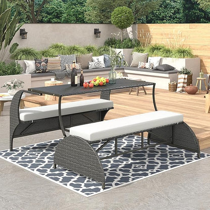 2-in-1 Convertible Picnic Upholstered Bench,57.1" Outdoor Loveseat,Portable Picnic Table Couch,Convertible to 4 Seats&1 Table,for Garden,Lawn,Backyard,Porch,Patio, Beige