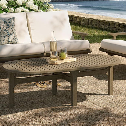 Modway Saratoga Teak Outdoor Oval Coffee Table in Weathered Gray – Low Wood Patio Coffee Table with Slatted Top and Sturdy Base