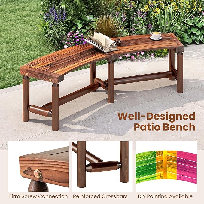 Tangkula Patio Curved Bench Set of 4, Solid Wood Fire Pit Bench for 2-3 People, Outdoor Backless Loveseat for Backyard, Garden, Poolside, 800 LBS Max Load (Rustic Brown)