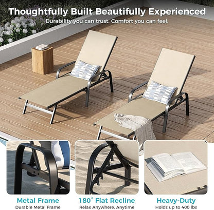 Outdoor Lounge Chair, Adjustable Patio Reclining Chaise with Textilene Fabric, Pool Lounge Chair with 5-Position Backrest for Patio, Garden, Poolside & Balcony,Khaki Set of 8