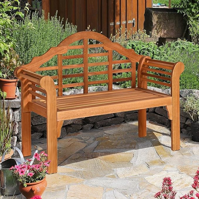 RELAX4LIFE Wooden Outdoor Bench Folding, 4 Ft Foldable Patio Loveseat Chair w/Crown-Like Backrest & Armrest, Indoor Outside Seating for Porch Park, 800LBS Weight Capacity, 2-Person Wood Garden Bench
