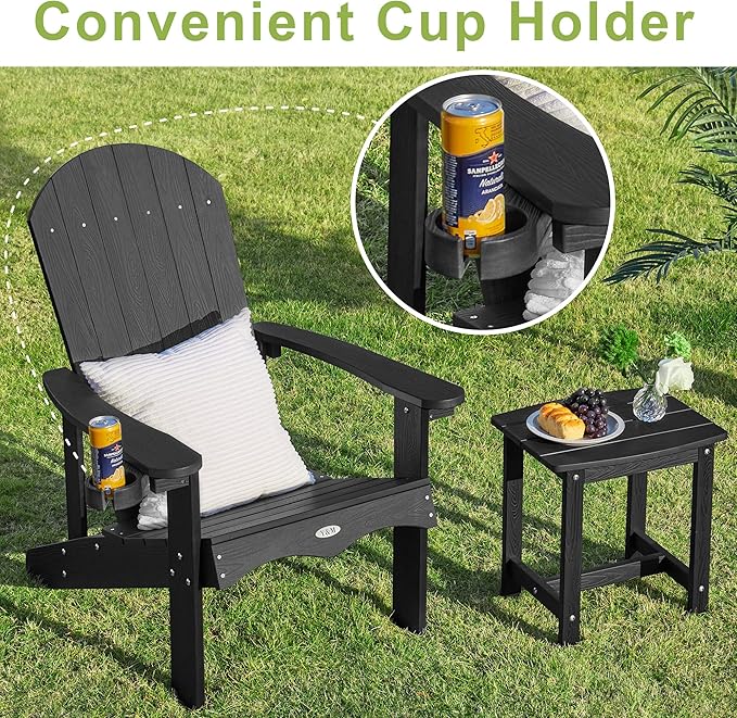 Y&M Adirondack Chair Set of 4, Black Fire Pit Chairs, Outdoor Patio Chairs with Cup Holder, Weather Resistant HDPE Wooden Textured Patio Chairs, Perfect for Garden, Lawn, Deck, or Poolside