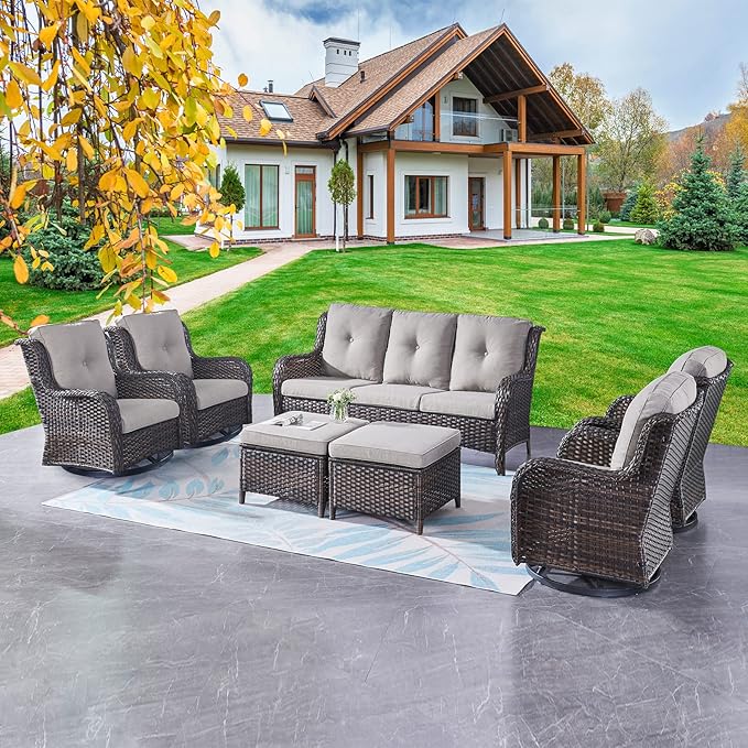 Rilyson Wicker Patio Furniture Set - 7 Piece Rattan Outdoor Sectional Conversation Sets with 4 Swivel Rocking Chairs - Photo 7