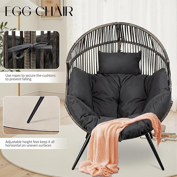 JAMFLY Wicker Egg Chair - Rattan Patio Chair with Cushion, Indoor-Outdoor Lounge Egg Basket Seat for Living Room - Photo 5