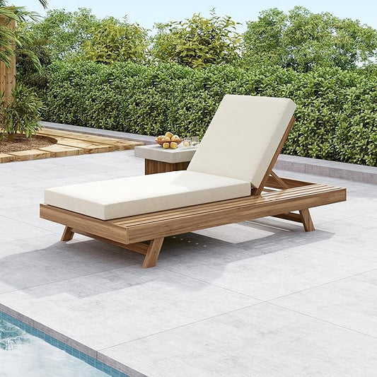 Christopher Knight Home Dami Patio Chaise Lounge Chair Outdoor with 4-Thick Cushion, Acacia Wood Poolside Sun Lounger, Space Available On One Side, Adjustable Backrest Pool Lounger, Light Brown+Cream