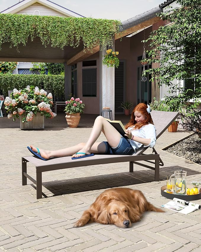 Crestlive Products Outdoor Lounge Chairs, Aluminum Pool Chaise Lounge Chairs, Adjustable Five-Position Tanning Recliner, All Weather for Patio, Beach, Yard, Pool (1PC Beige)
