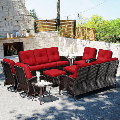 Joyside Wicker Patio Furniture Set, 10 Piece Outdoor Furniture Set with Thickened Cushions, High Back, Deep Seating, Wide Armrest, Outdoor Swivel Rocker Chairs for Porch, Deck
