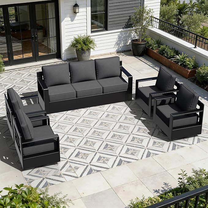 Outdoor Aluminum Furniture Set, 5-Piece Patio Conversation Set, 4 Swivel Chairs and 1 Sofa, All-Weather Metal Frame, 6" Thick Removable Cushions, Deep Setting for Garden, Poolside and Porch