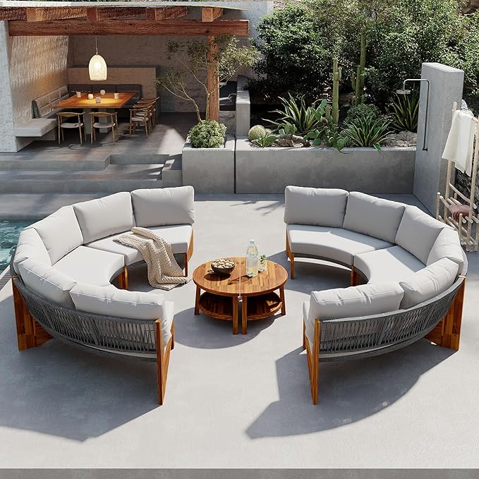 Quarte Outdoor Acacia Wood Round Sofa Set, Sectional Sets with Coffee Table, 6-Person Seating Group for Garden - Photo 2