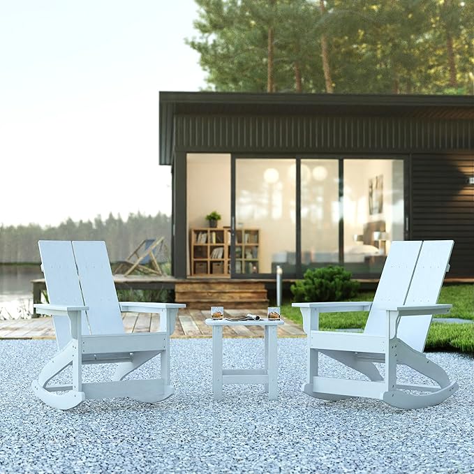 Flash Furniture Set of 2 Finn Modern Commercial Grade Adirondack Rocking Chairs - All-Weather White Poly Resin Wood - Photo 2
