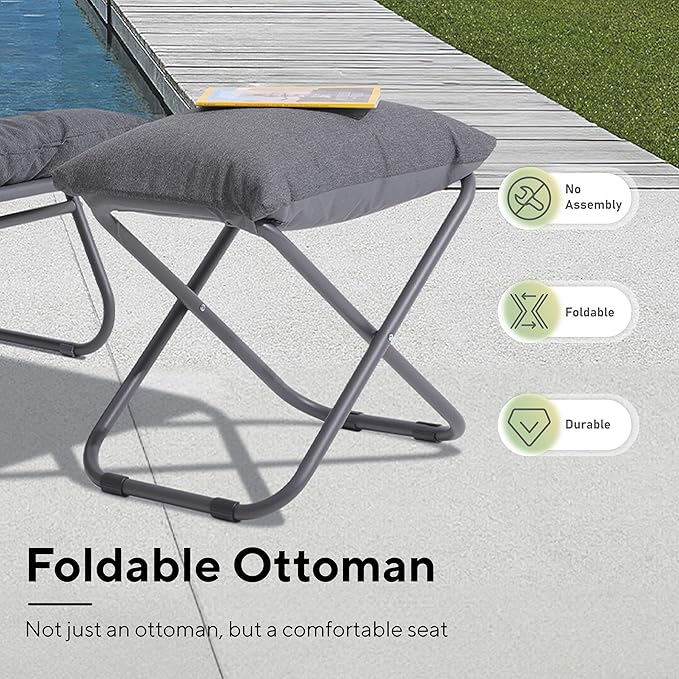 Patio Lounge Chair with Ottoman, Indoor Outdoor Comfy Sling Recliner Chair with Cushion, Modern Oversized Padded Lounge Chair Set with Footstool for Balcony Porch Garden, Dark Gray