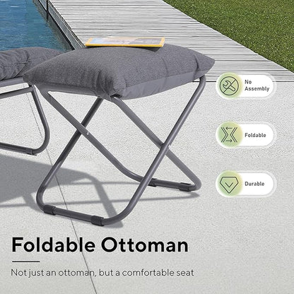 Patio Lounge Chair with Ottoman, Indoor Outdoor Comfy Sling Recliner Chair with Cushion, Modern Oversized Padded Lounge Chair Set with Footstool for Balcony Porch Garden, Dark Gray