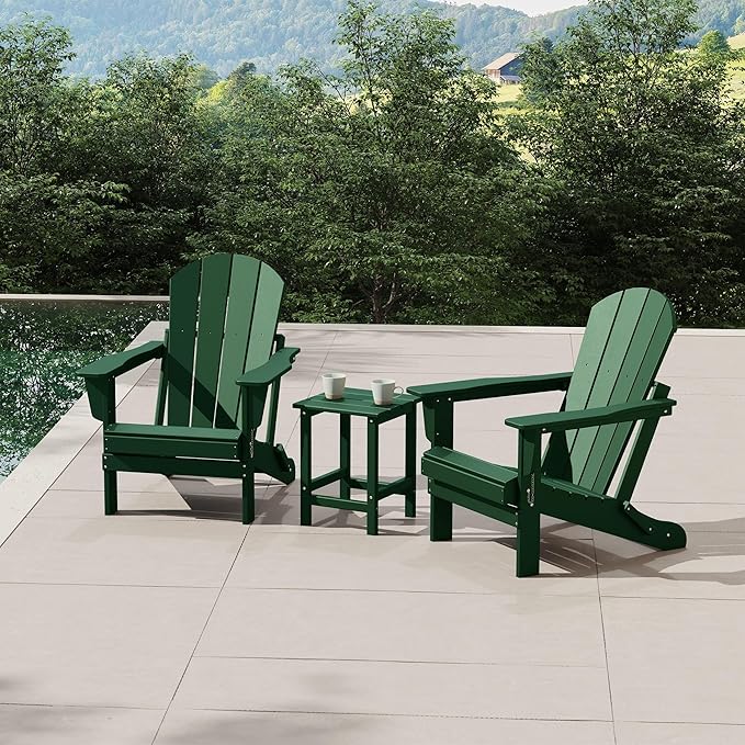 WestinTrends Malibu 3-Pieces Adirondack Chairs Set with Side Table, All Weather Outdoor Seating Plastic Patio Lawn Chair Folding for Outside Porch Deck Backyard, Dark Green