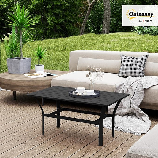 Outsunny Outdoor Coffee Table, All-Weather Rectangle Metal Patio Coffee Table with Slatted Tabletop for Outside, Patio, Garden, Balcony, Backyard, Black