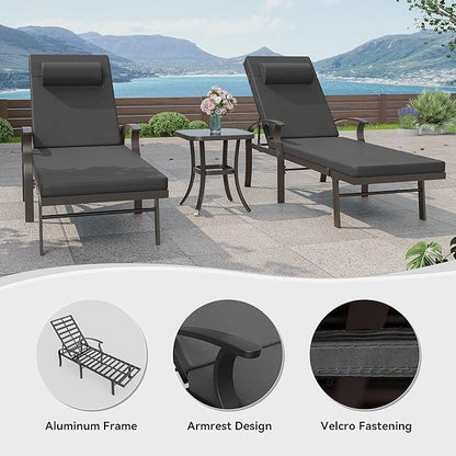 3 Pieces Patio Chaise Lounge Set Aluminum Outdoor Lounge Chair Adjustable Backrest Patio Chaise Lounge Chair Armrest Lounge Chair Set with Side Table for Backyard Porch Beach Lawn Black