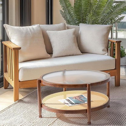Outvita Outdoor Side Table, Rattan Rubber Wood Coffee Table with Weather - Resistant Coating, Double - Layer Storage, 31.5"x31.5"x 17.3", Easy Assembly for Patio, Garden, Living Room, Bedroom