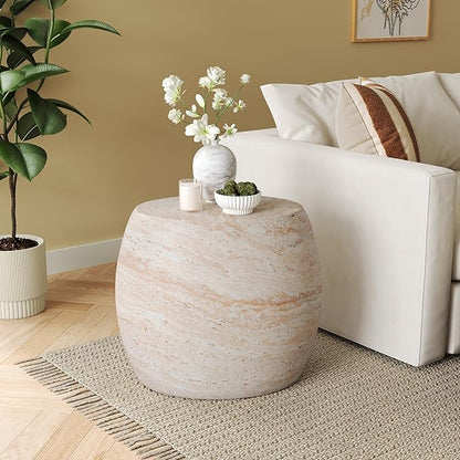Christopher Knight Home Jayme 20.25" Indoor Outdoor Oval Accent Side Table, Patio Decorative End Table, Lightweight Concrete Garden Stool for Patio Living Room Balcony & Garden Decor, Travertine
