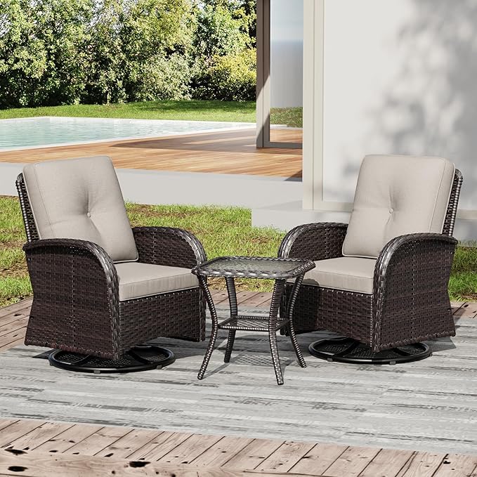 Joyside Outdoor Swivel Rocker Chairs, 3 Piece Wicker Patio Set with Thickened Cushions, High Back, Deep Seating - Photo 8