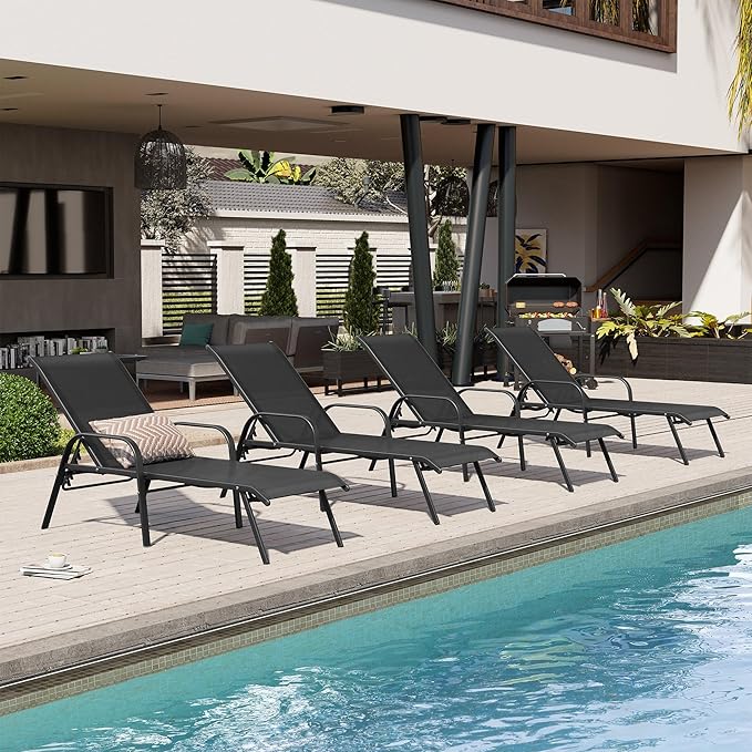 Crestlive Outdoor Chaise Lounge Chair,5-Position Pool Lounge Chairs with Armrests Sunbathing Recliner for Patio,Beach,Deck,Yard (4PC Black)