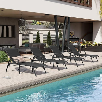Crestlive Outdoor Chaise Lounge Chair,5-Position Pool Lounge Chairs with Armrests Sunbathing Recliner for Patio,Beach,Deck,Yard (4PC Black)