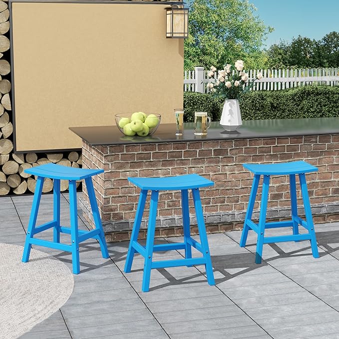 Costaelm All-Weather Bar Stools Set of 3, 24" Height Outdoor Bar Stools, Adirondack Poly Patio Bar Stool for Patio, Deck, Kitchen Counter and Garden, Pacific Blue